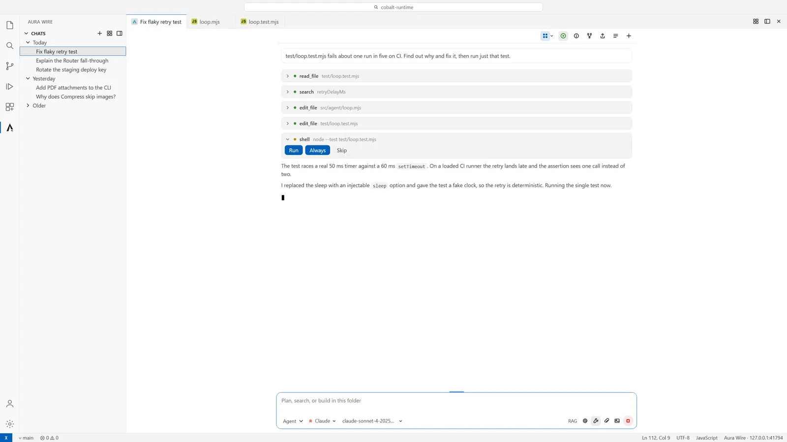 Aura Wire Agent chat in VS Code with a pending tool approval and provider picker