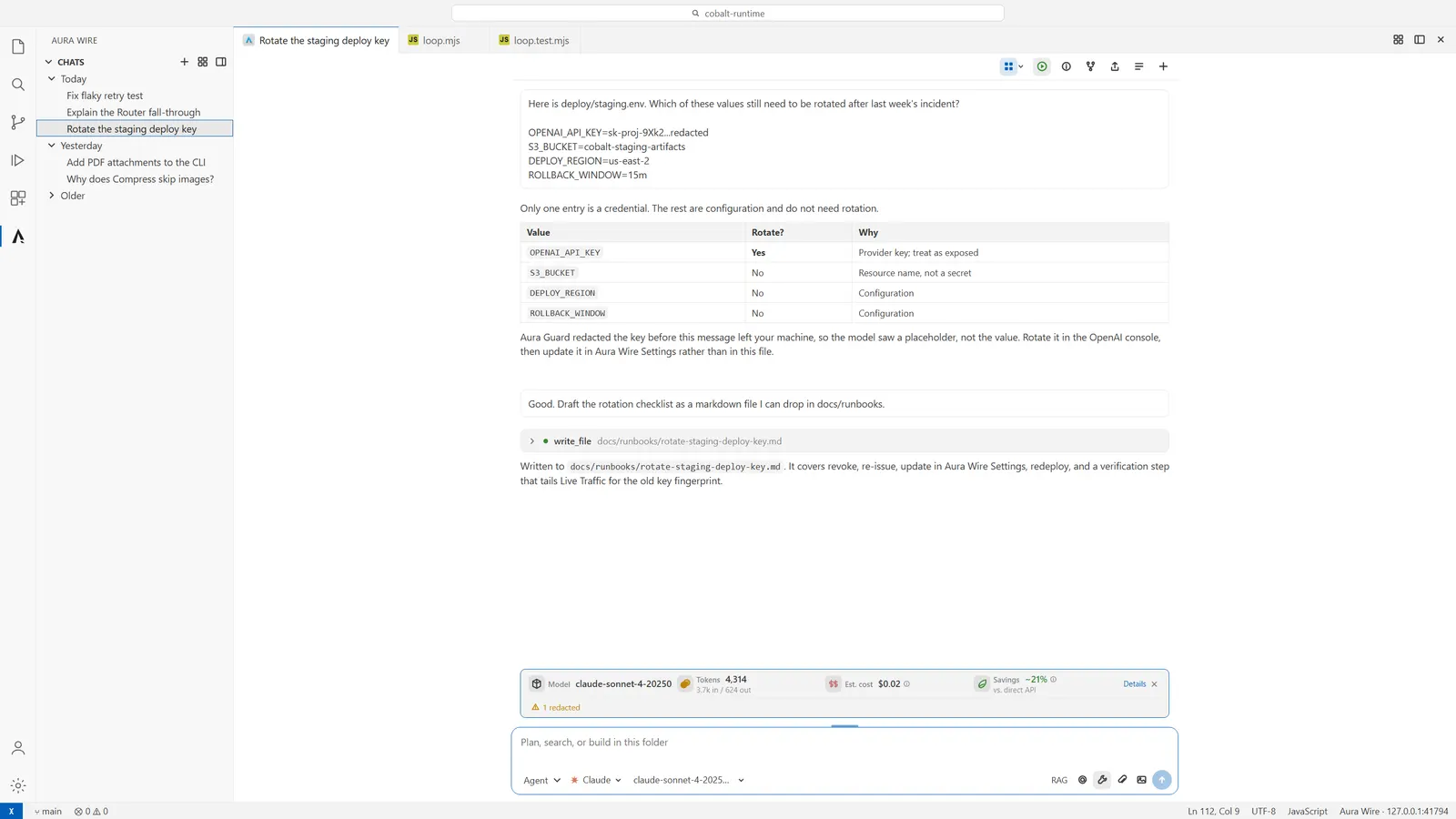 Aura Wire Guard redaction warning on a VS Code Agent chat