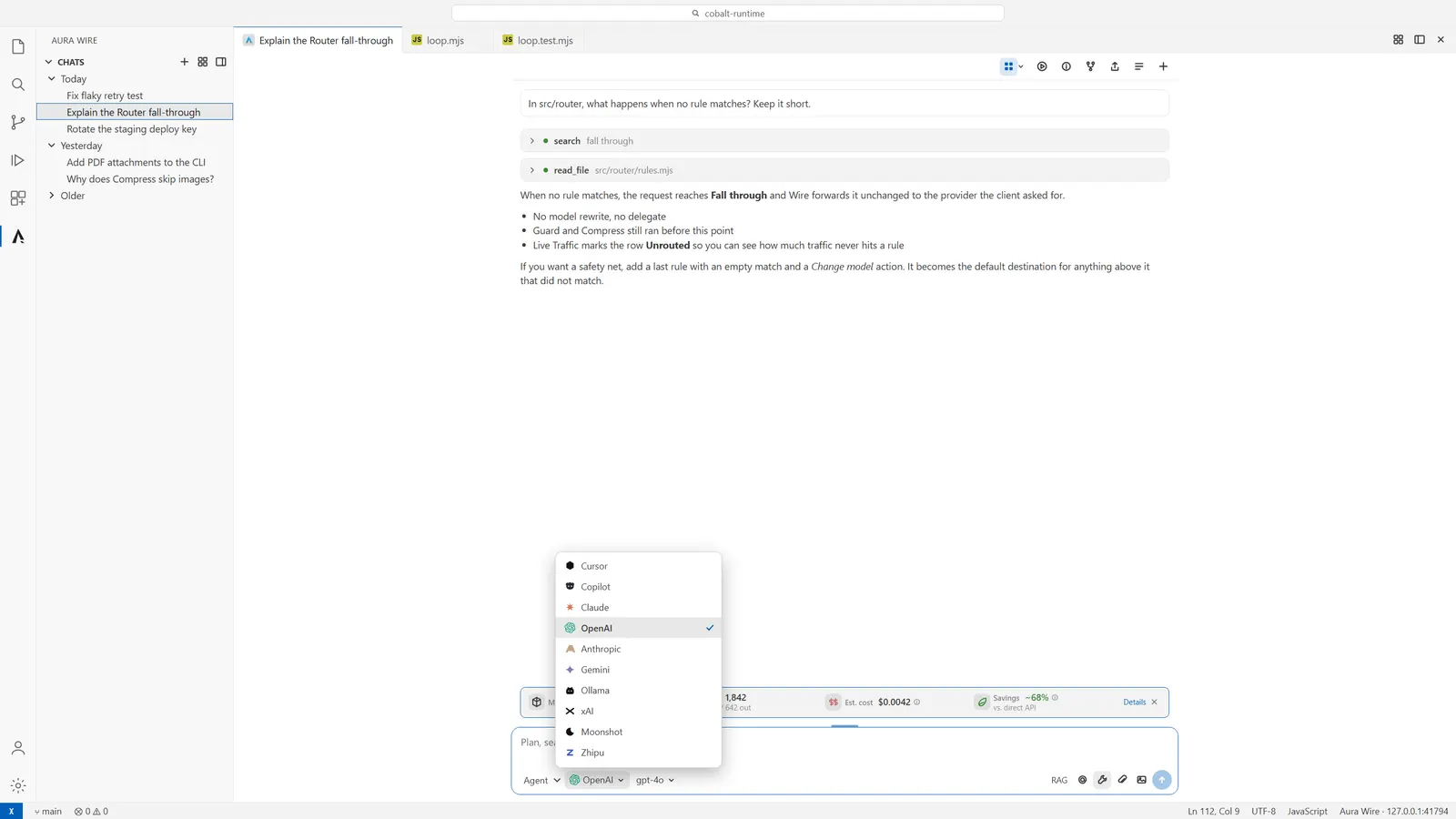 Aura Wire provider and model picker on a VS Code Agent chat