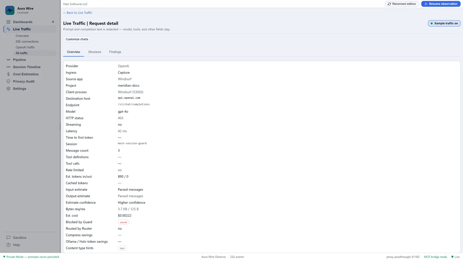 Aura Wire request detail overview showing sanitized metadata for a single proxied request