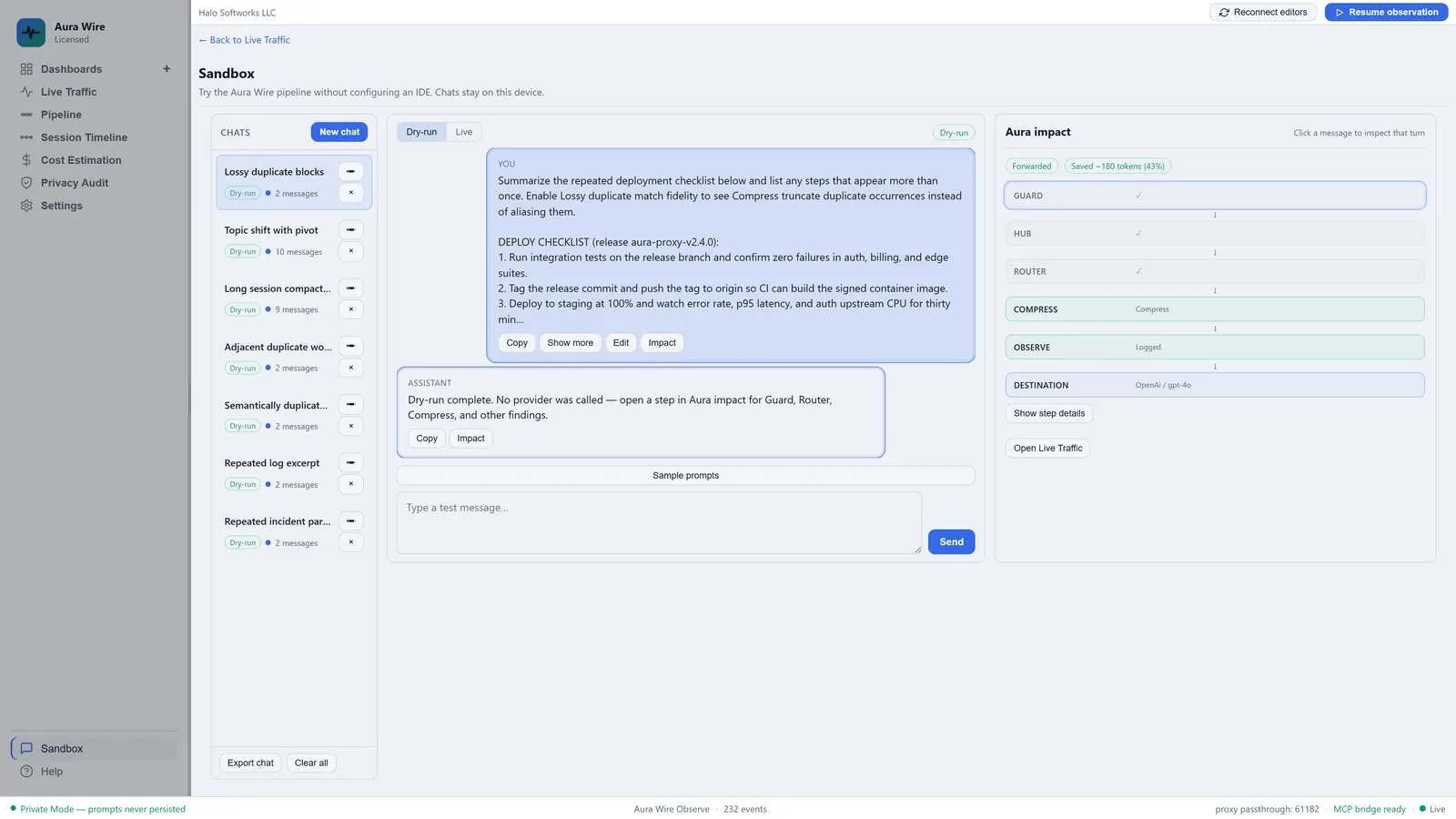 Aura Wire Sandbox with multi-chat composer, dry-run chats, and Aura impact panel