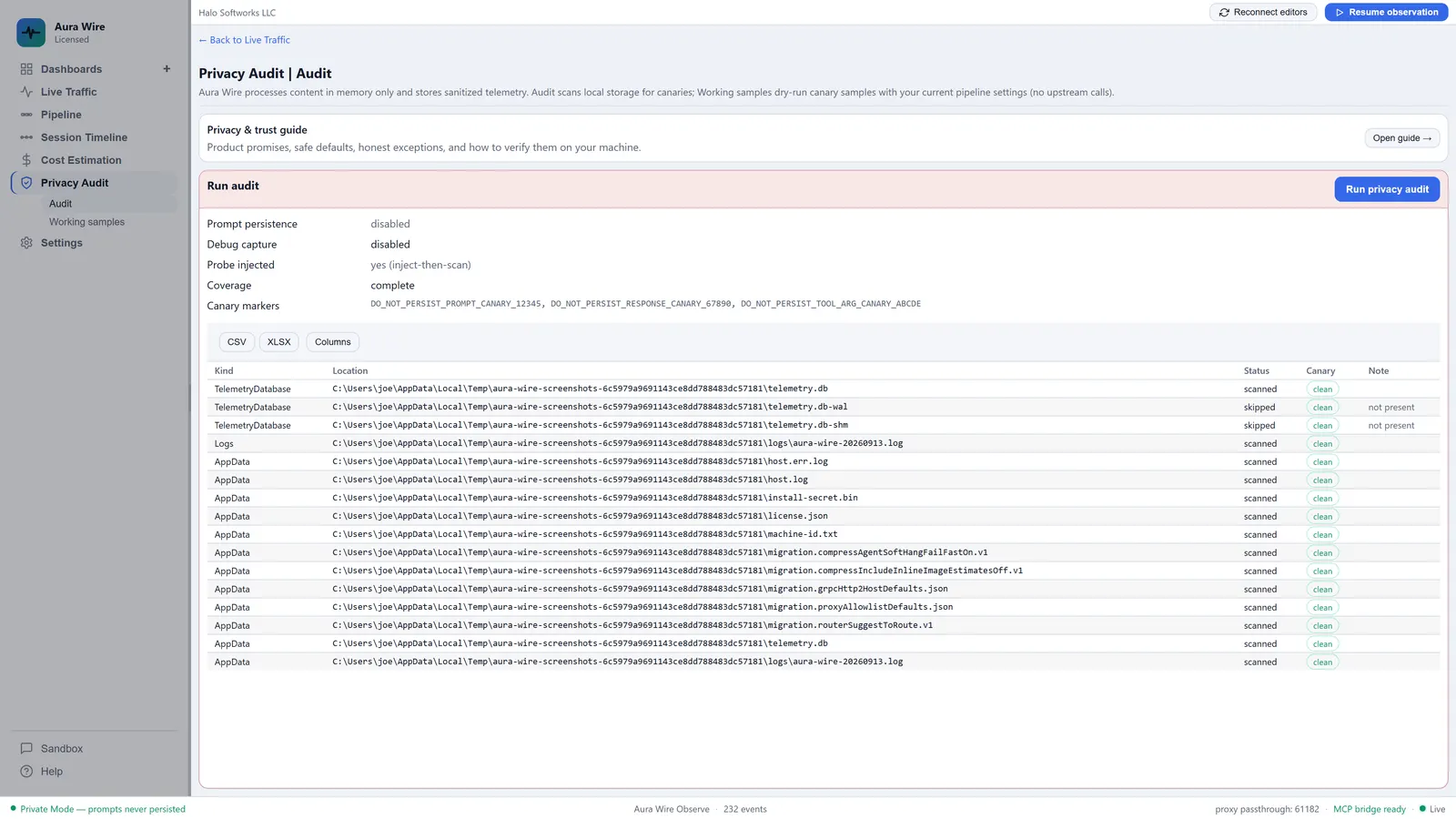 Aura Wire Privacy Audit with inject-then-scan canaries and clean scanned storage locations