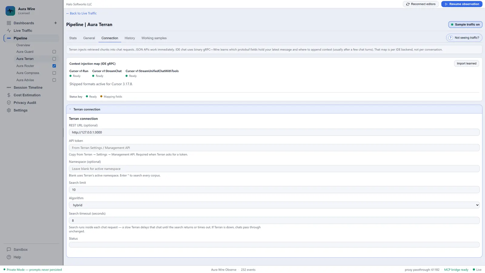 Aura Wire Aura Terran Connection with REST URL, hybrid search, and Cursor StreamChat injection map Ready