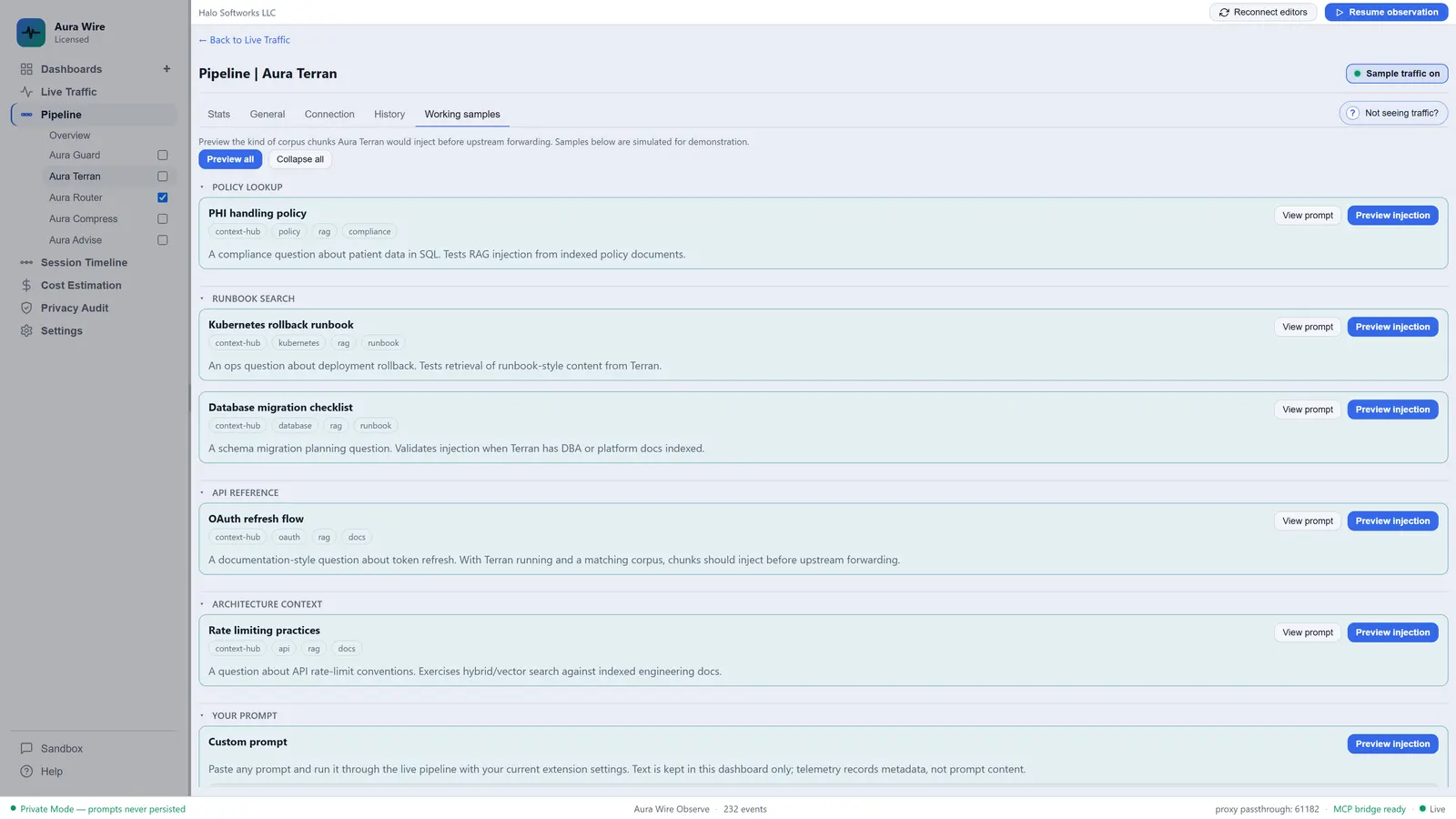 Aura Wire Terran working samples for policy lookup, runbook search, and API docs injection