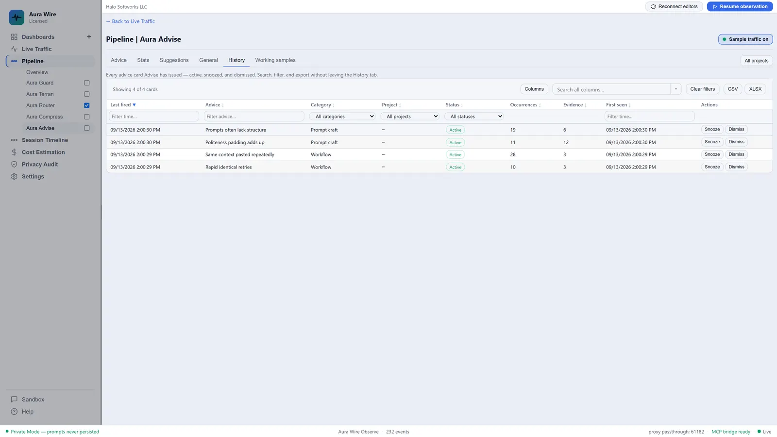 Aura Wire Aura Advise History table with filters and snooze/dismiss/restore actions
