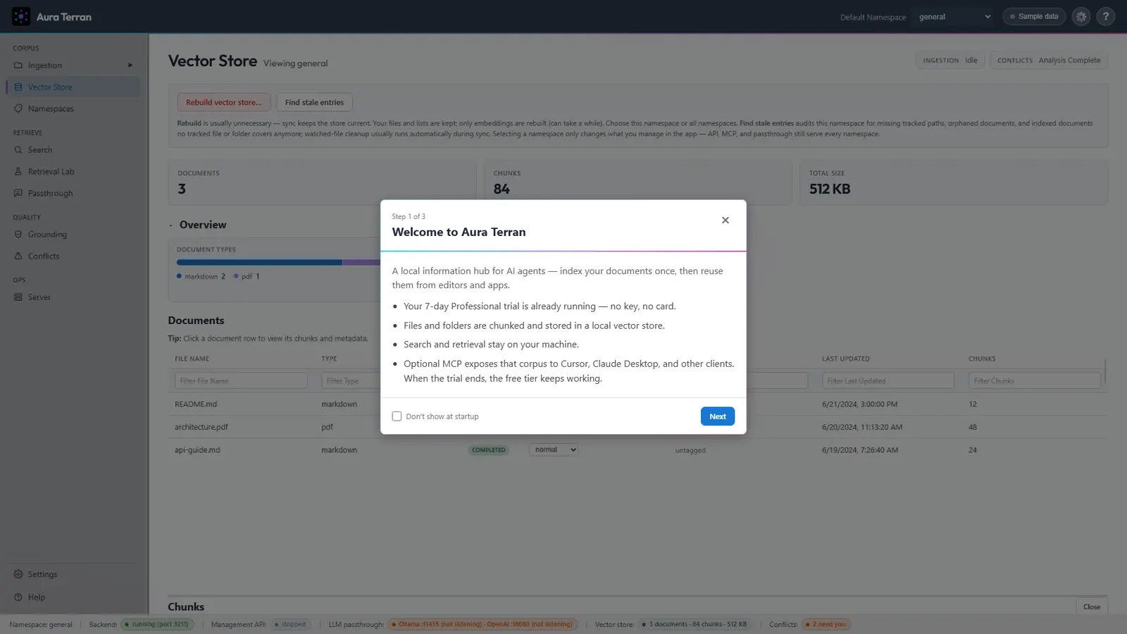 Aura Terran startup wizard welcome step with trial, privacy, and MCP highlights