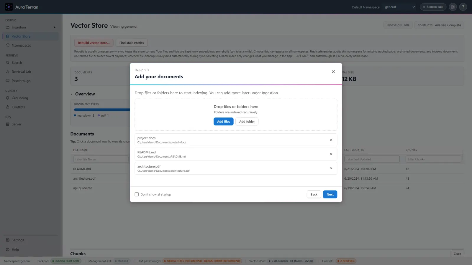 Aura Terran startup wizard step Add your documents with drop zone and sample sources