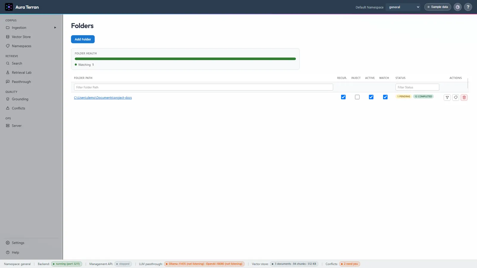 Aura Terran folder ingestion with watched directories, inject, and watch controls