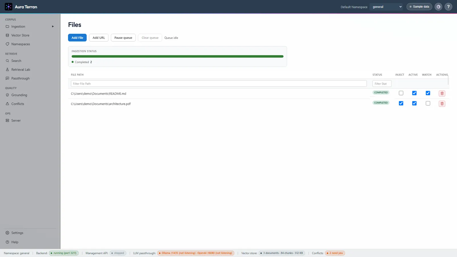 Aura Terran file ingestion list with watch, active, and always-inject toggles