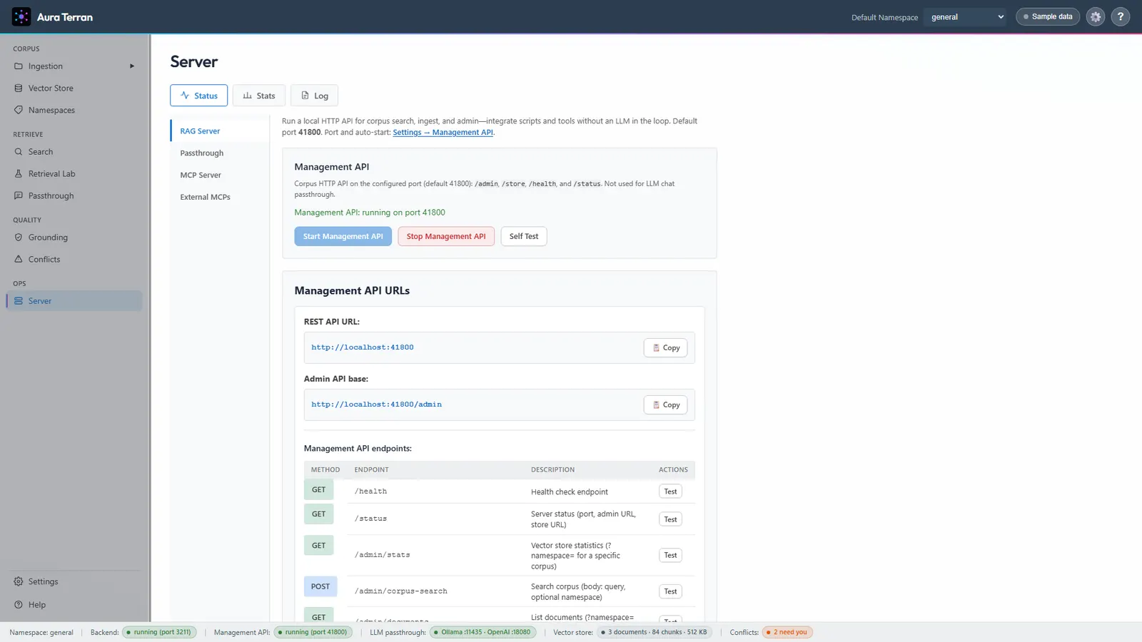 Aura Terran Server Status RAG Server subtab with Management API running