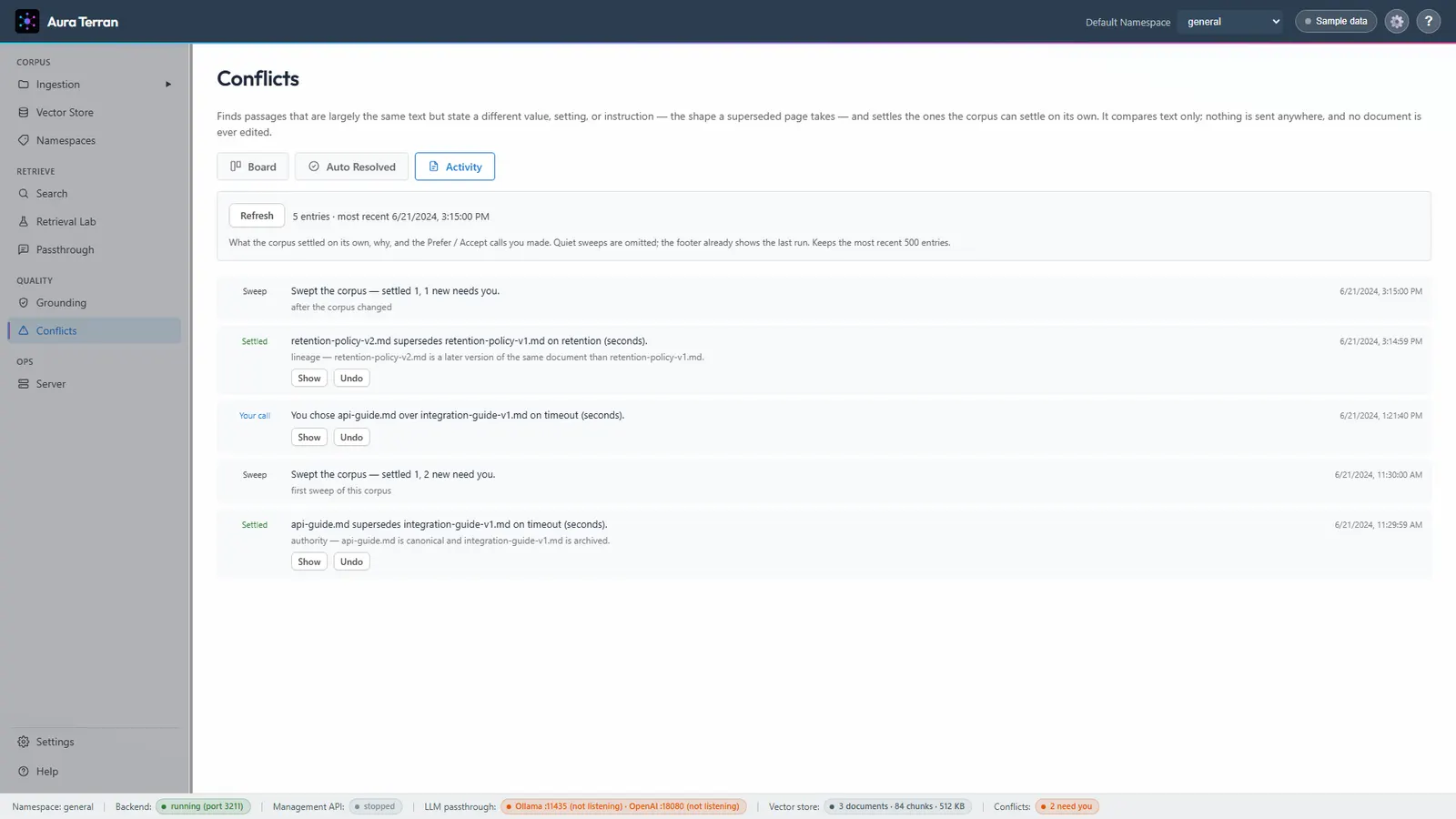 Aura Terran Conflicts Activity log with automatic settlements and undo actions