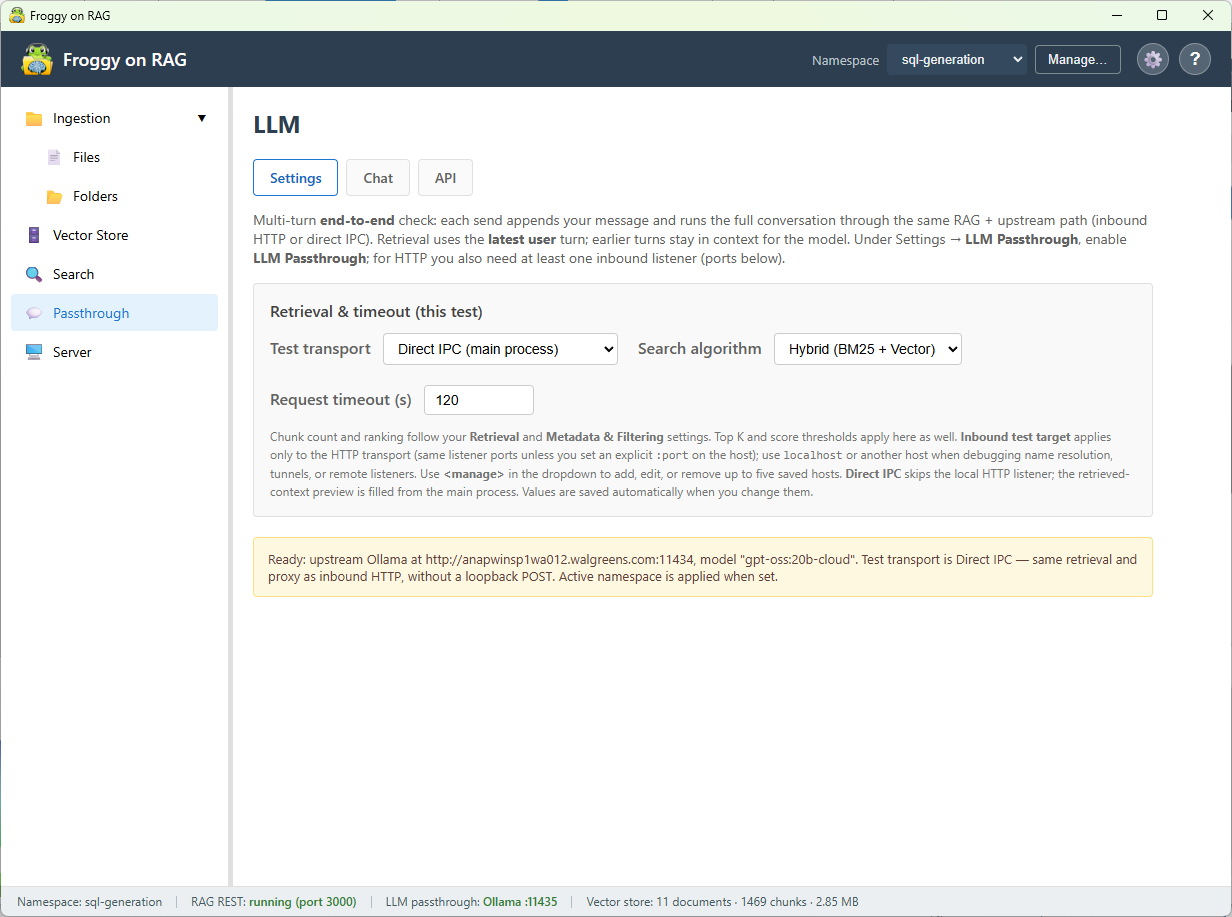 Froggy Context Hub passthrough test running RAG with an upstream LLM