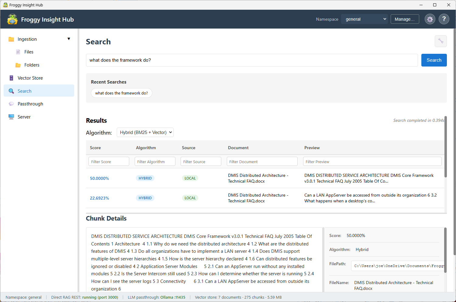 Froggy Context Hub search test UI for validating retrieval results