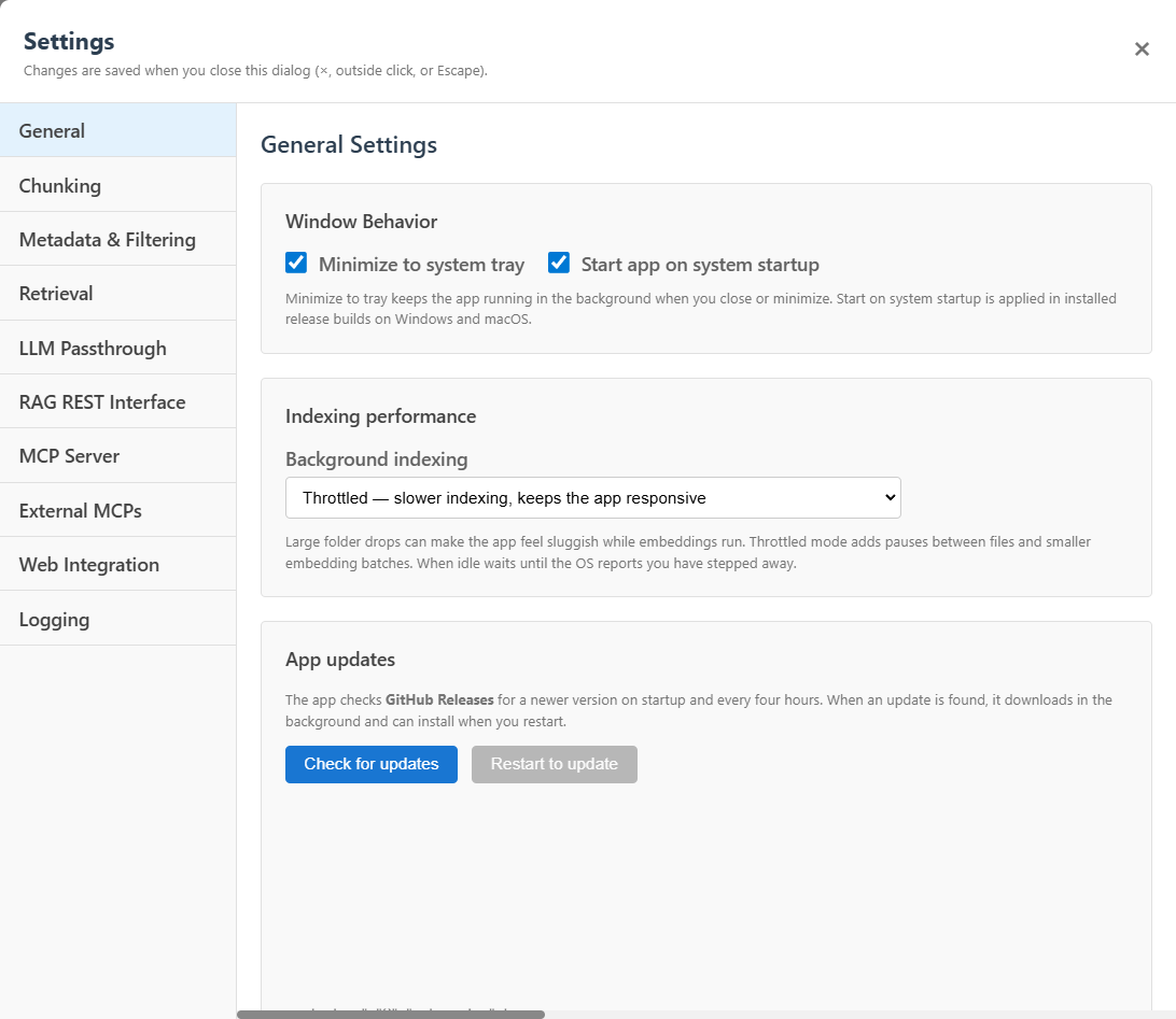 Froggy Context Hub general settings showing tray behavior, startup, indexing performance, and update checks