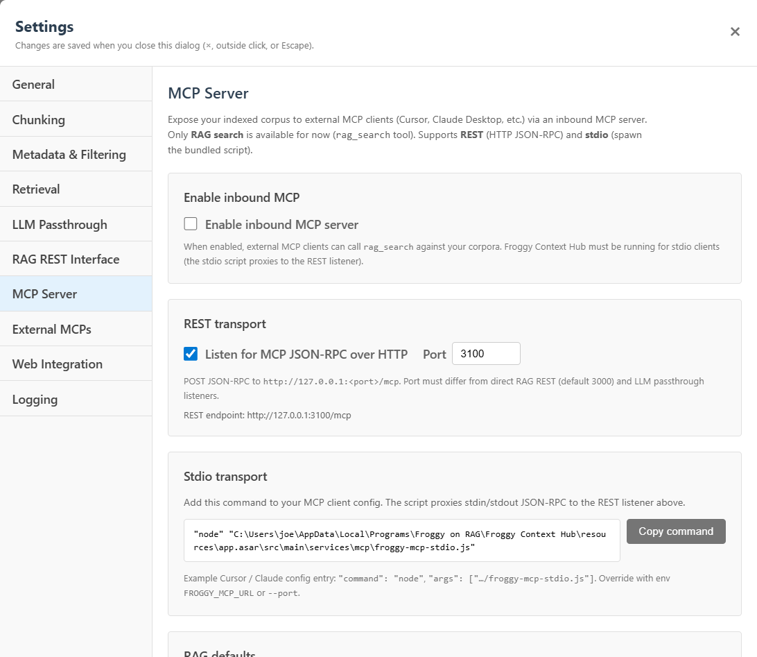 Froggy Context Hub MCP server settings for inbound rag_search