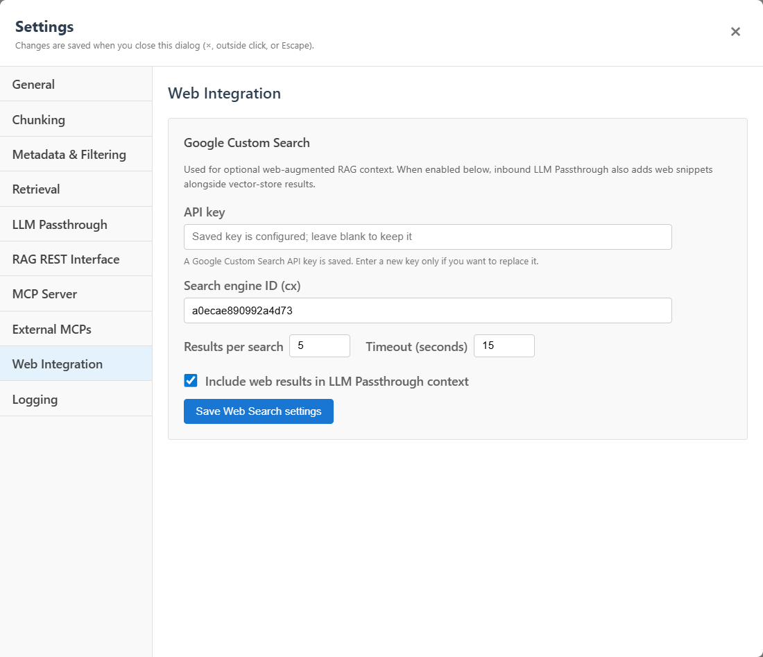 Froggy Context Hub web search settings for optional passthrough blending